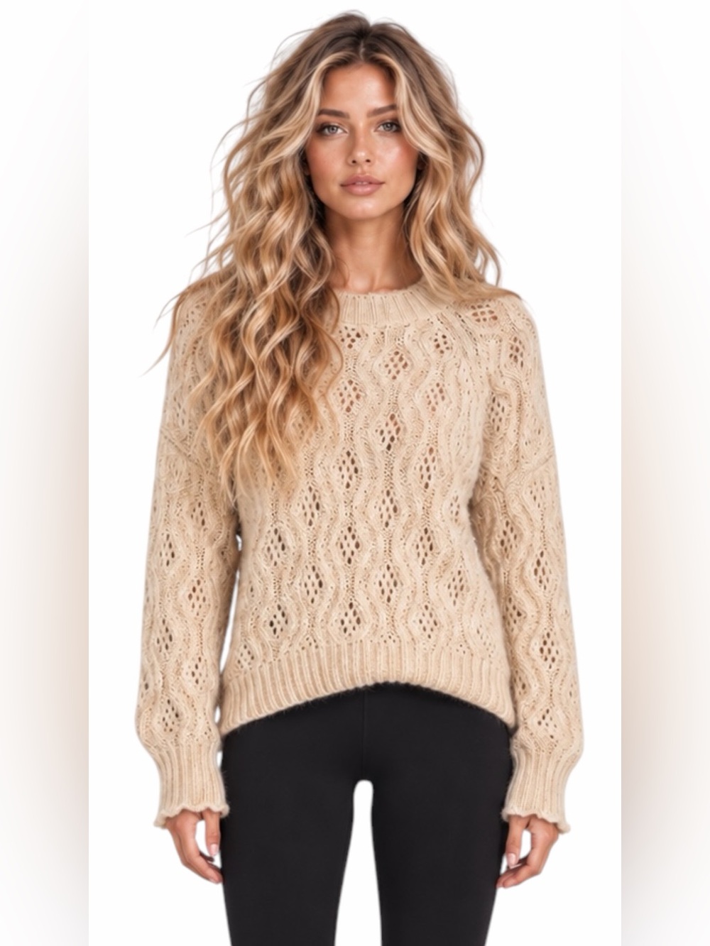 J.Crew – Pointelle Scallop-Trim Sweater – Alpaca Wool Blend – Tan – Sz. M